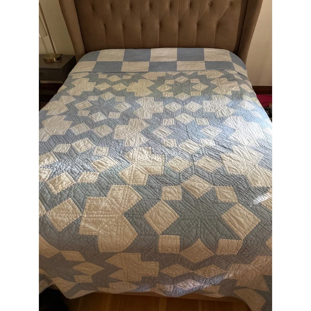 Pine Cone Hill Blue White Star Patchwork Quilt Reversible Bedspread Cottagecore